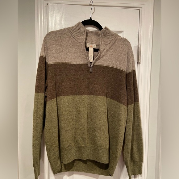 Dockers Mens Size L Brown Green Stripe Long Sleeve Mock Neck Quarter Zip Sweater - Picture 1 of 10